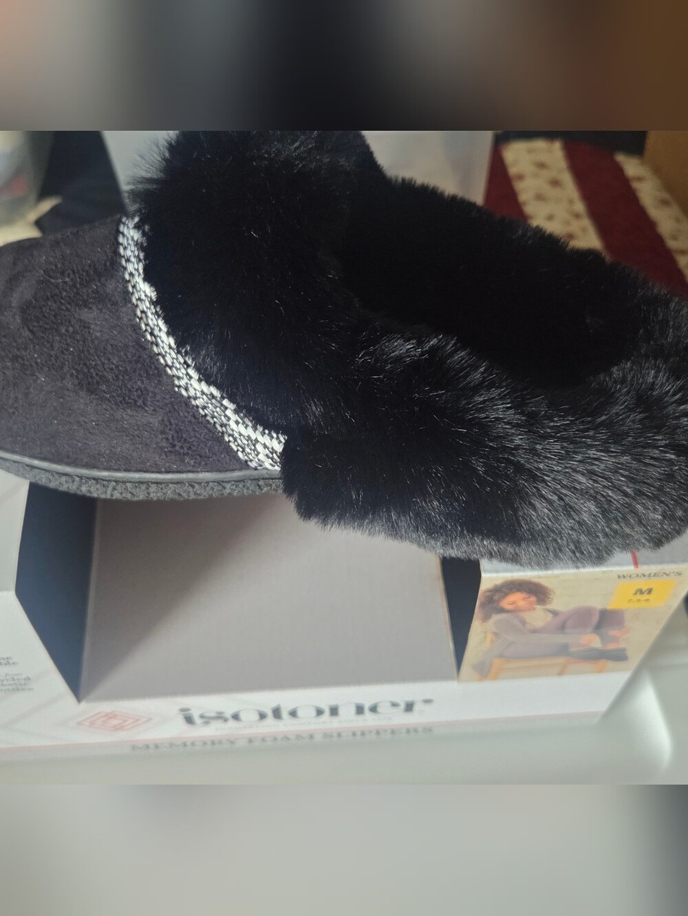isotoner Black Faux Fur Clog Slippers